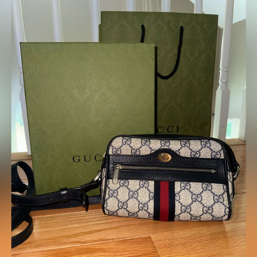 GG Supreme Monogram Textured Dollar Calfskin Web Mini Ophidia Shoulder